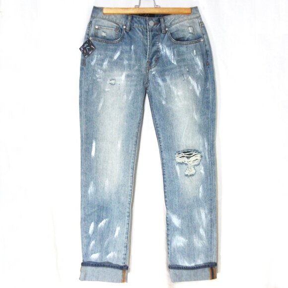 NASTY GAL Women High Rise Button Fly Distressed Cuffed Boyfriend JEANS Pants 26 - Picture 1 of 8